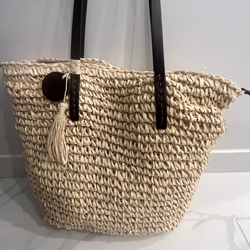 Woven Cream Tote Bag with Black Handles